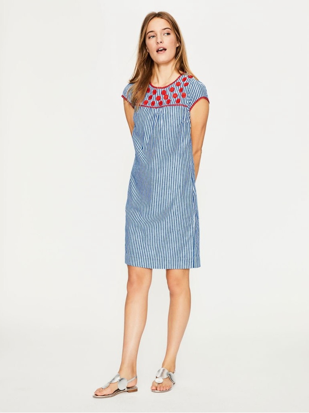 Boden 10 Stripe Embroidery Mini Dress Preppy Coastal Nautical Cap Sleeve Casual